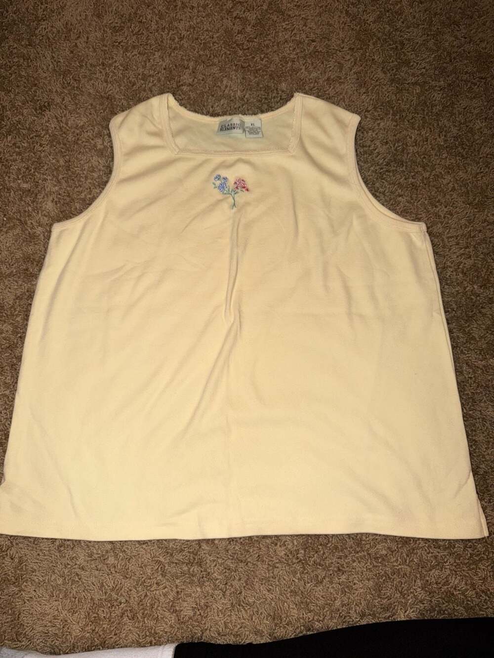 Classic Elements Vintage Yellow Floral Embroidered Square Neck Tank Top XL